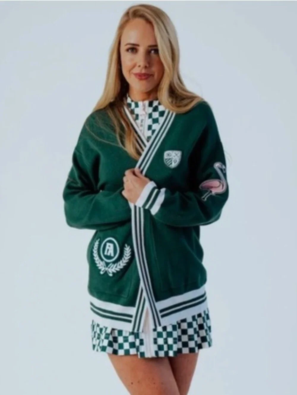 Fore Alll Womens XL Green Collegiate Golf Babe Cardigan Patches Preppy Academia